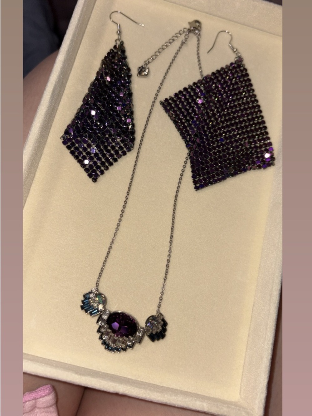 Elegant Purple Crystal Necklace and Earrings Set - Women Jewelry